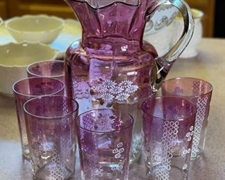 7pc Purple Glass Victorian Pitcher & tumblers Handblown Hand Painted	Pitcher 9 x 5.75 x 7in	
