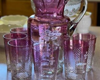 7pc Purple Glass Victorian Pitcher & tumblers Handblown Hand Painted	Pitcher 9 x 5.75 x 7in	
