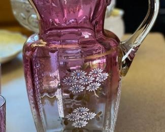 7pc Purple Glass Victorian Pitcher & tumblers Handblown Hand Painted	Pitcher 9 x 5.75 x 7in	
