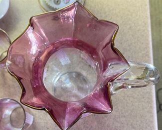 7pc Purple Glass Victorian Pitcher & tumblers Handblown Hand Painted	Pitcher 9 x 5.75 x 7in	
