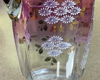 7pc Purple Glass Victorian Pitcher & tumblers Handblown Hand Painted	Pitcher 9 x 5.75 x 7in	
