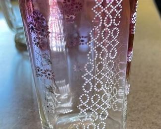 7pc Purple Glass Victorian Pitcher & tumblers Handblown Hand Painted	Pitcher 9 x 5.75 x 7in	
