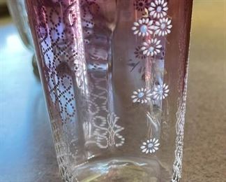7pc Purple Glass Victorian Pitcher & tumblers Handblown Hand Painted	Pitcher 9 x 5.75 x 7in	
