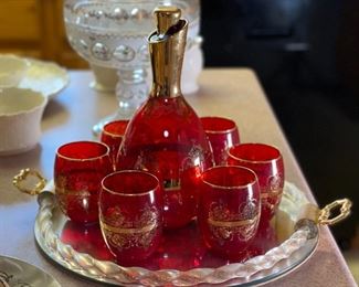 8PC Ferro & Lazzarini Italian MURANO GLASS DECANTER SET Ruby Red 24k Gold	Decanter: 10 inches high	
