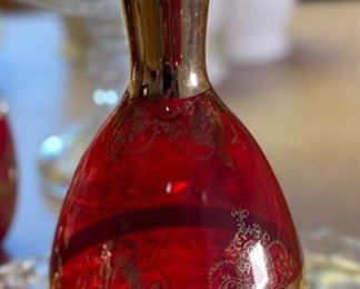 8PC Ferro & Lazzarini Italian MURANO GLASS DECANTER SET Ruby Red 24k Gold	Decanter: 10 inches high	
