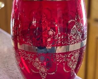 8PC Ferro & Lazzarini Italian MURANO GLASS DECANTER SET Ruby Red 24k Gold	Decanter: 10 inches high	
