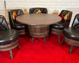 6pc 1970s Kentucky Bourbon Barrel Chairs & Game Table Oak Keg Furniture	Table: 28in x 48in diameter	

