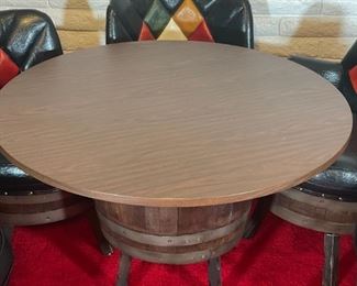 6pc 1970s Kentucky Bourbon Barrel Chairs & Game Table Oak Keg Furniture	Table: 28in x 48in diameter	
