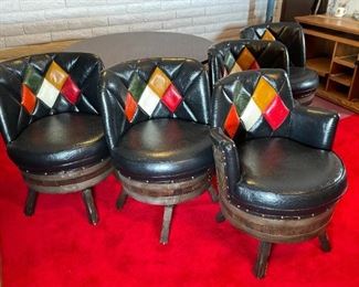6pc 1970s Kentucky Bourbon Barrel Chairs & Game Table Oak Keg Furniture	Table: 28in x 48in diameter	
