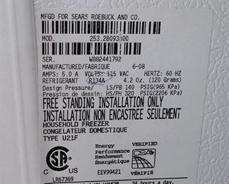 Kenmore 2845 - 13.7 cu. Ft. Upright Freezer	71x32x32	HxWxD
