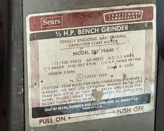 Vintage Sears Craftsman Commercial 397.19440 1/2 HP 3580 RPM Bench Block Grinder on Stand		
