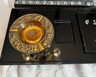 Ornate Asian Black Lacquer MOP Inlay Cigarette/Smoking Box carved birds ashtray	3in x 14in x 8in	HxWxD
