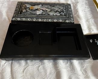 Ornate Asian Black Lacquer MOP Inlay Cigarette/Smoking Box carved birds ashtray	3in x 14in x 8in	HxWxD
