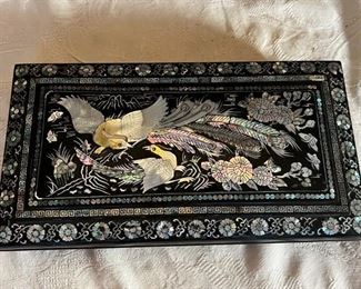Ornate Asian Black Lacquer MOP Inlay Cigarette/Smoking Box carved birds ashtray	3in x 14in x 8in	HxWxD
