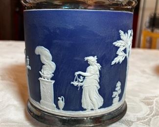 Antique Wedgwood Dark Blue Jasperware Silver-Mounted Biscuit Barrel	7in Tall x 5.5in diameter	
