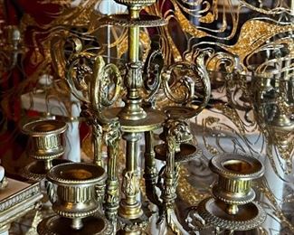 French Antique three piece marble, and gold mantle clock and candlesticks Medaille D’ Argent Crystal	Clock measurements: 27.5 inches, tall, 14.5 inches wide, 4.5 inches deep. Candlestick measurements: 26” x 10” x 10”.	
