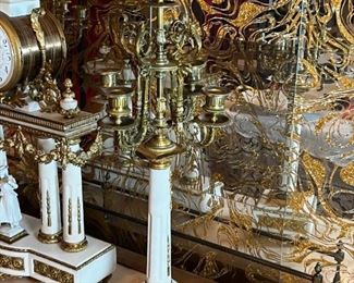 French Antique three piece marble, and gold mantle clock and candlesticks Medaille D’ Argent Crystal	Clock measurements: 27.5 inches, tall, 14.5 inches wide, 4.5 inches deep. Candlestick measurements: 26” x 10” x 10”.	
