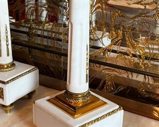 French Antique three piece marble, and gold mantle clock and candlesticks Medaille D’ Argent Crystal	Clock measurements: 27.5 inches, tall, 14.5 inches wide, 4.5 inches deep. Candlestick measurements: 26” x 10” x 10”.	

