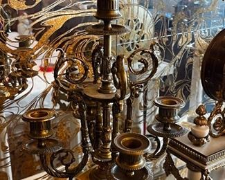 French Antique three piece marble, and gold mantle clock and candlesticks Medaille D’ Argent Crystal	Clock measurements: 27.5 inches, tall, 14.5 inches wide, 4.5 inches deep. Candlestick measurements: 26” x 10” x 10”.	
