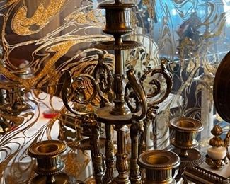 French Antique three piece marble, and gold mantle clock and candlesticks Medaille D’ Argent Crystal	Clock measurements: 27.5 inches, tall, 14.5 inches wide, 4.5 inches deep. Candlestick measurements: 26” x 10” x 10”.	
