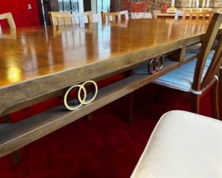 Baker furniture dining room table w leaf & 8 chairs	Without leaf: 28.5 x 42 x 66 with leaf: 28.5 x 42 x  84 chairs 31.25 x 20 x 18.5 seating height 18in	HxWxD
