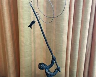 Rare Bouchard Bronze & Lucite Sculpture signed fishing boy MCM	16.5” x 9” x 5”.	HxWxD

