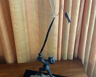 Rare Bouchard Bronze & Lucite Sculpture signed fishing boy MCM	16.5” x 9” x 5”.	HxWxD
