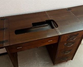 Wooden sewing desk and chair with sewing accessories	30.5 x 34 x 19.	HxWxD
