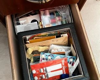 Wooden sewing desk and chair with sewing accessories	30.5 x 34 x 19.	HxWxD
