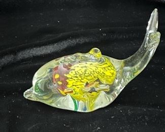 Clear glass dolphin paperweight