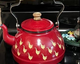 Vintage Red Enamelware Goose Motif Tea kettle