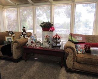 Mr Christmas double decker Christmas Carousel (musical) and a lot more holiday decorations! Pair of matching, oversized upholstered chairs.