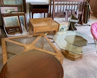 Assorted furniture pieces, coffee tables, Headboard and footboard (Jennie Lyn), tables, shelving