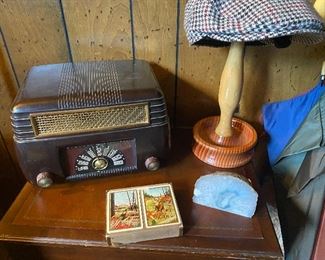 vintage radio, wooden hat stand, tweed hat