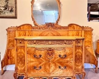 ART NOUVEAU FRENCH STYLE SATIN WOOD BEDROOM SET WITH KING SIZE HEADBOARD 