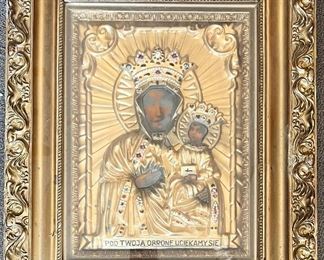 RUSSIAN ICON IN ORNATE HOLD GILT FRAME 