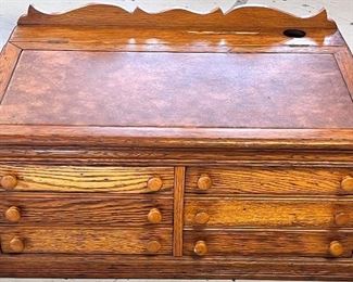 ANTIQUE OAK LIFT TOP 6 DRAWER “J & P COATS BEST 6 CORD” SPOOL CABINET 
