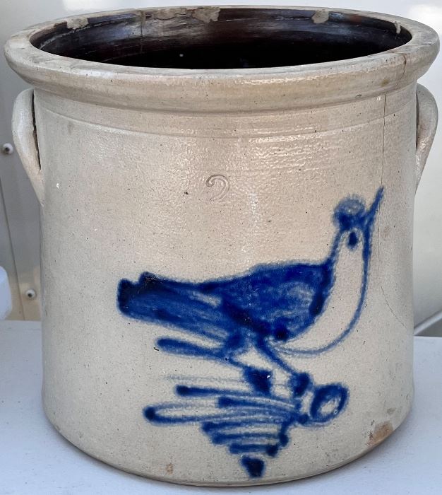 19th C. BLUE DECORATED STONEWARE CROCK W/ BIRD