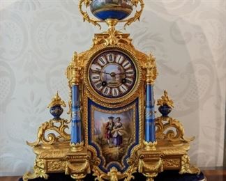 French Gilt Bronze Hand Painted Porcelain Clock with Japy Freres Movement.