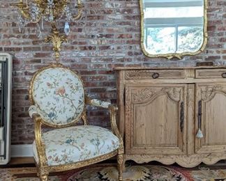 Pair of French Embroidered Satin Chairs, Antique Pine Cabinet