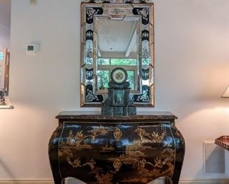 Venitian Cobalt Mirror, Greenbaums Commode, French Marble Clock