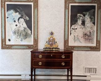 Jean Jansem beautifully framed Lithographs, Baker inlaid Chest