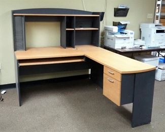 Right Angled Office 2 Drawer Desk, With Upper Storage Shelving And Slide Out Keyboard Tray, 55" x 61" x 73"
