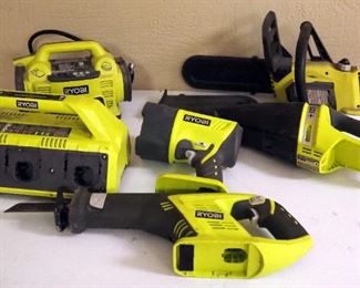 Ryobi Cordless Hand Tools, Including Chainsaw, Reciprocating Saw, Air Compressor, Flashlight, Battery Charger, And More