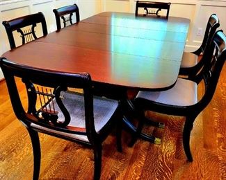 Beautifully preserved vintage mahogany double-pedestal Duncan Phyfe dining table with tastefully upholstered Lyre-Back chairs #23