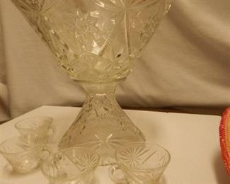 Glass Punch bowl w/base & Cups
