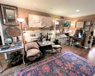Gorgeous antique Oriental area rugs, mirrors, glassware, antiques, one of a kind treasures!
