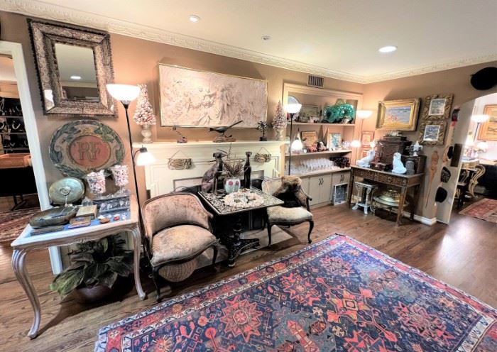 Gorgeous antique Oriental area rugs, mirrors, glassware, antiques, one of a kind treasures!