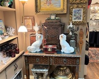 Antique inlaid French desk, Staffordshire, antique Russian brazier
