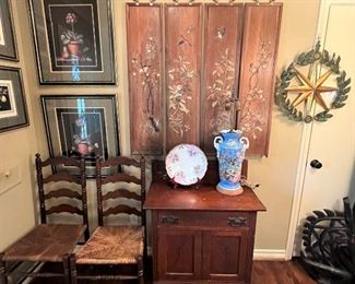 Four panel Oriental “Seasons”, Victorian wash stand